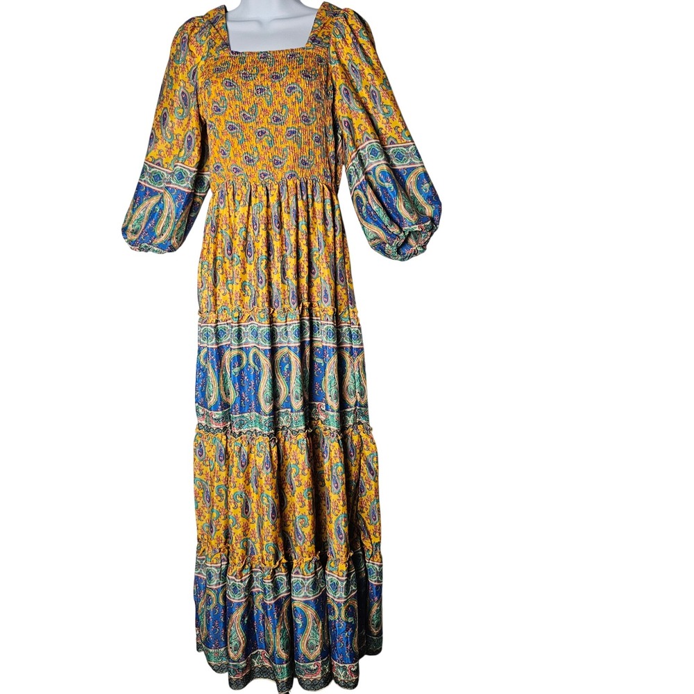 ME2MAGIC Yellow‎ Paisley Smocked Maxi Dress Square Neck Balloon Sleeve Boho M